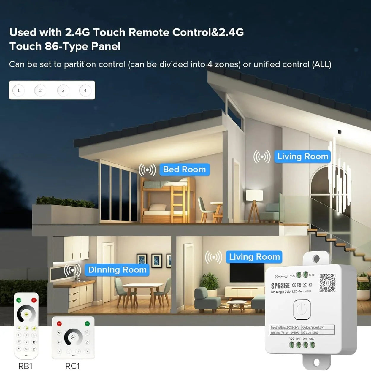 Wall Panel Remote for SP636E DC5-24V Addressable LED Strip Controller RC1