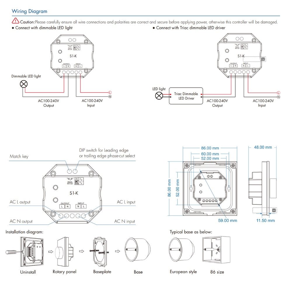 AC Triac Glass Rotary Panel Dimmer S1 - K - House of LEDS