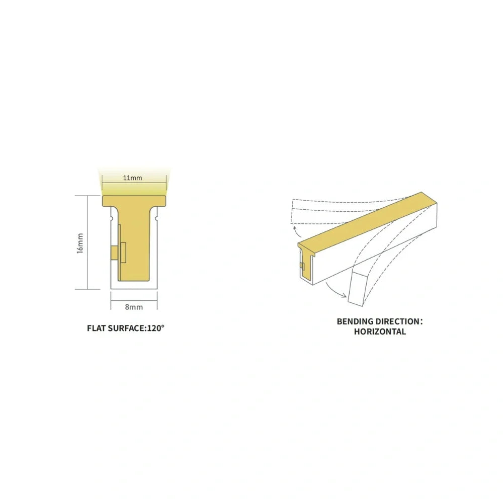 8x16mm IP67 neon flex profile dimensions — 8mm wide, 16mm tall, 120° flat surface