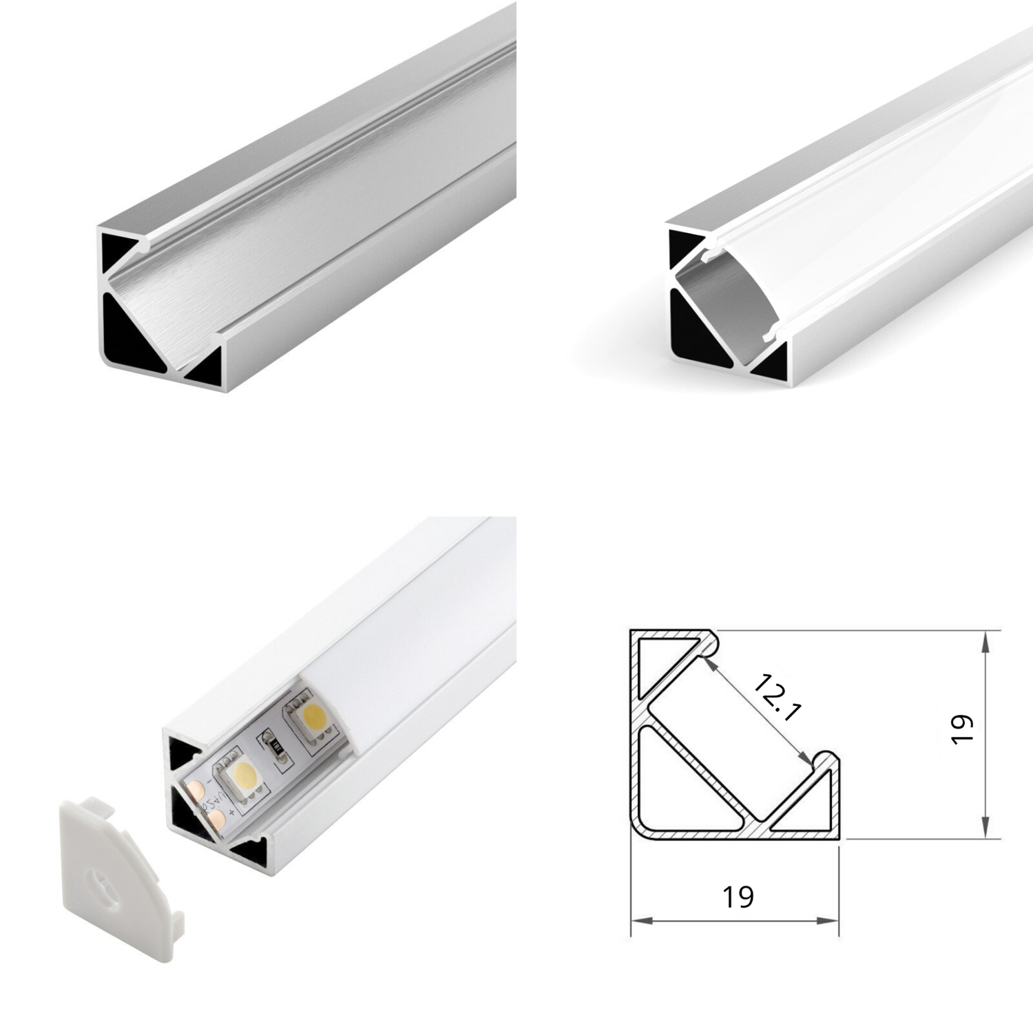 LED Strip Aluminium Corner Profile Milky Cover Cabinet LED Corner Profile 19x19mm - ATOM LED