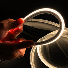 Warm White 3000K 10x10mm dual bend neon flex close-up — IP67 silicone body
